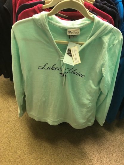 Lubec, Maine Whale Tail Slub Tie Front Hoodie Celeste