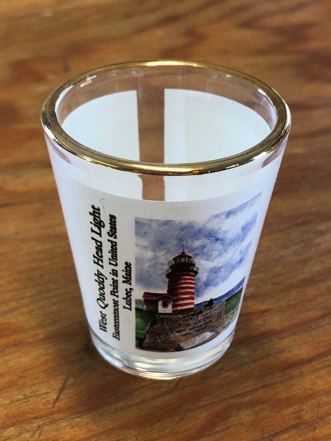 West Quoddy Shot Glass with Picture of Granite Marker